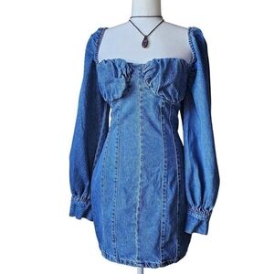 Nasty Gal Blue Denim Mini Bodycon Dress with Puffed Sleeves -Size 6